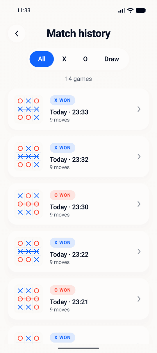 The app's match history, listing finished rounds
