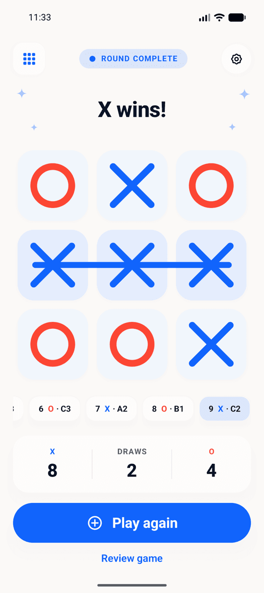 The app showing a finished round with the winning line drawn