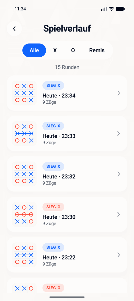 Der Spielverlauf der App mit den beendeten Runden