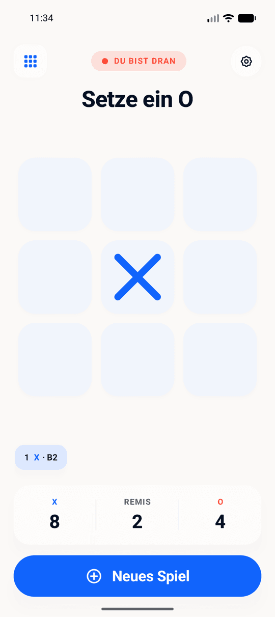 Die App am Anfang einer Runde, das erste Zeichen ist gesetzt