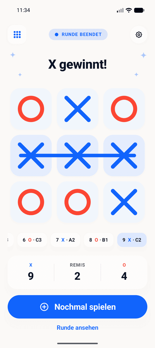 Die App mit beendeter Runde und eingezeichneter Gewinnlinie